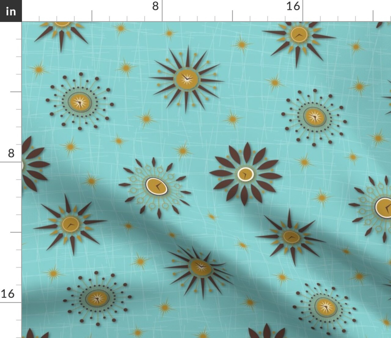 Vintage 1960S Teal Brown Retro Gold Aqua Ivory Custom Printed Fabric by Spoonflower Various Fabrics by the Yard or Fat Quarter